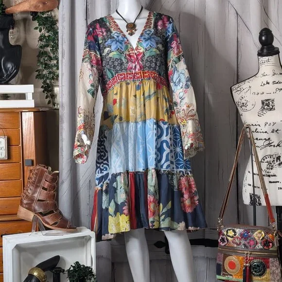 Johnny Was Dunas Patchwork Silk Dress SMALL NWOT - Picture 2 of 10